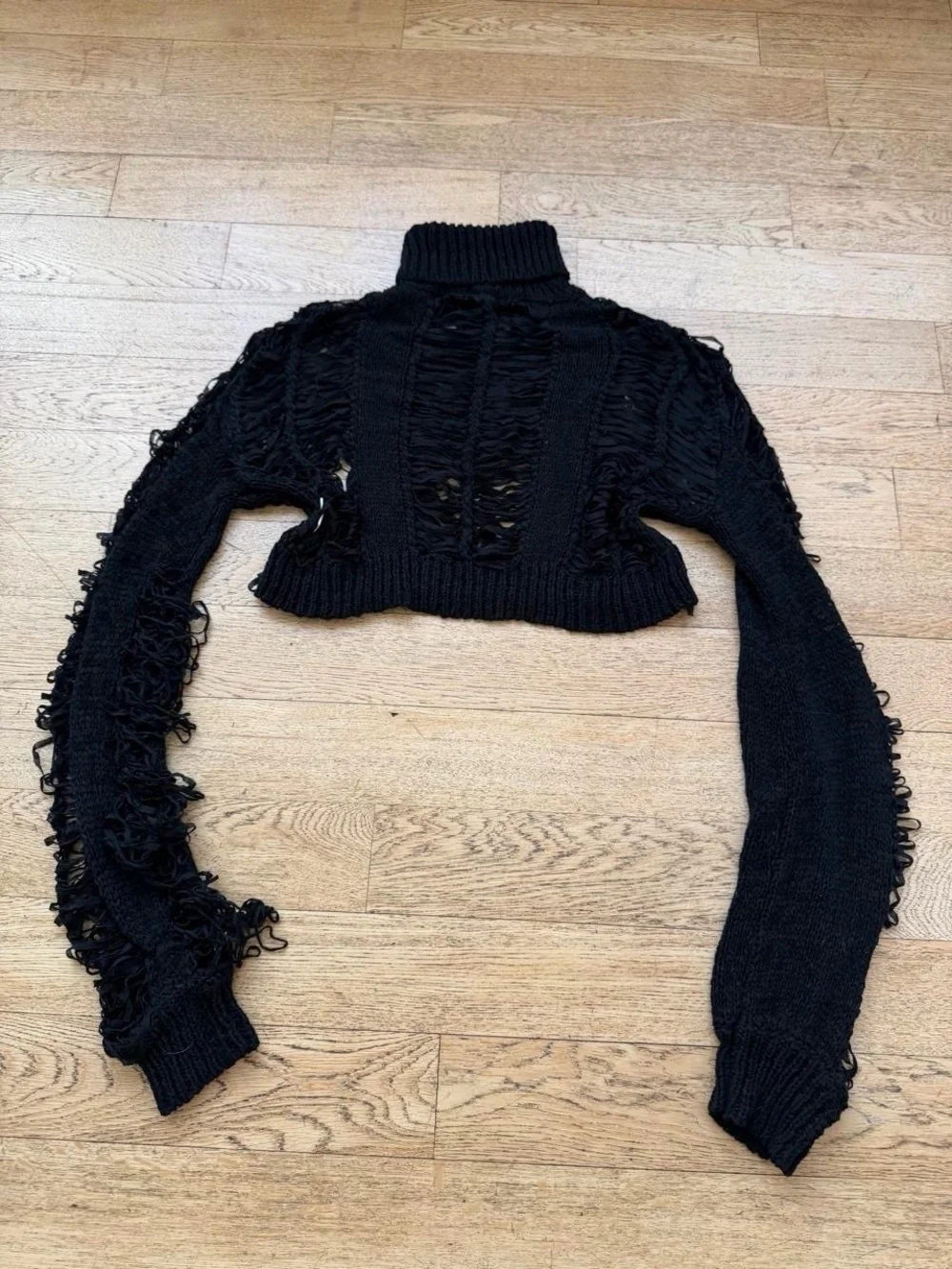 Black Distressed Cropped Turtleneck Sweater - Women